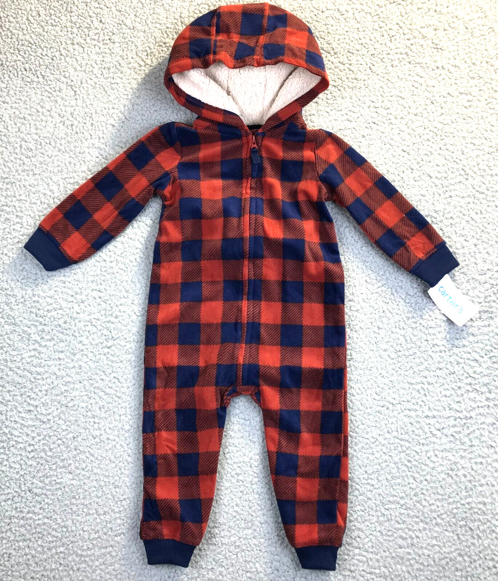 Carter's Baby Boy Hooded 18 Mos Jumpsuit Outfit Rust Navy Plaid Soft Fleece NWT